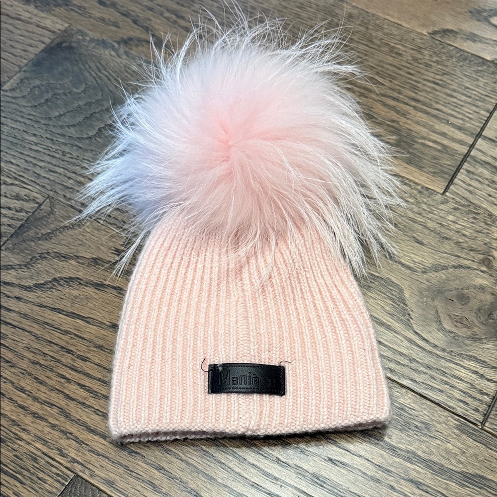 Kids Pink Knit Hat Fluffy natural Pom Pom 0-12 months baby newborn dry clean